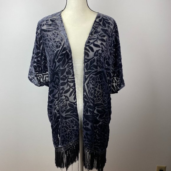 G Collection Tops - Blue Burnout Fringed Velvet Duster